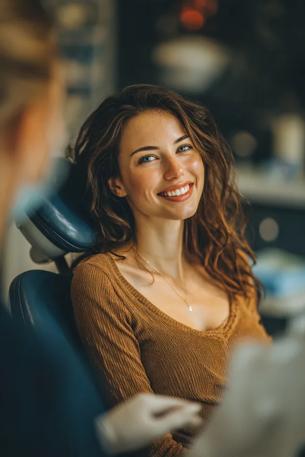 Patient smiling in a dental chair while a hygienist explains a treatment