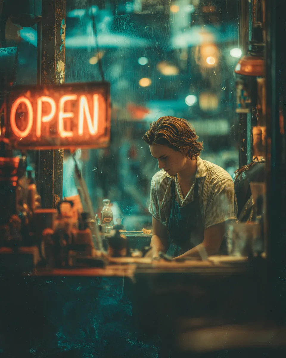 Young barber sweeping the floor of his small shop after closing while thinking about a personal loan