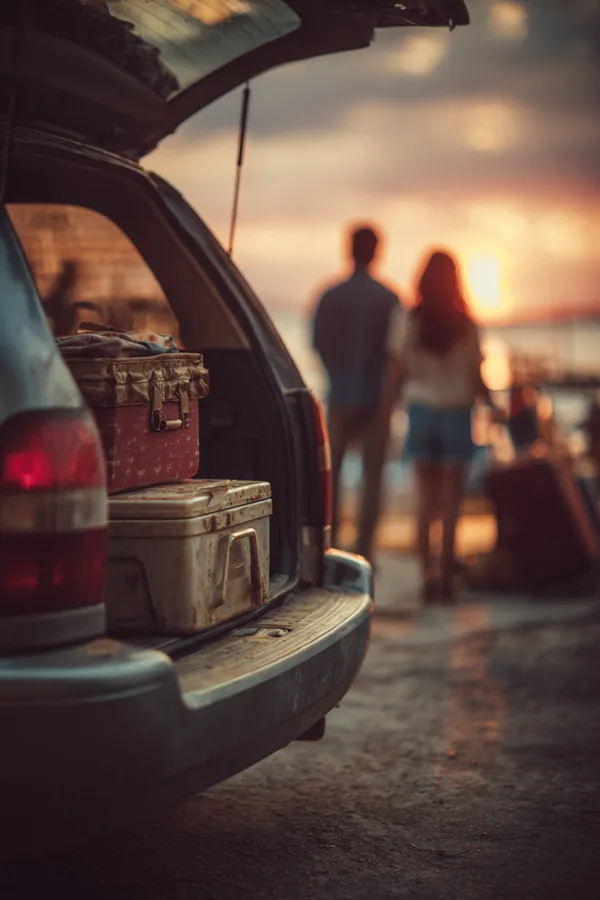 Family loading the trunk of their car for a long road trip at sunrise