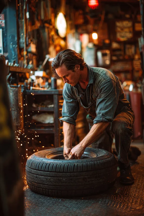 Mechanic replacing a car tire in a small independent garage
