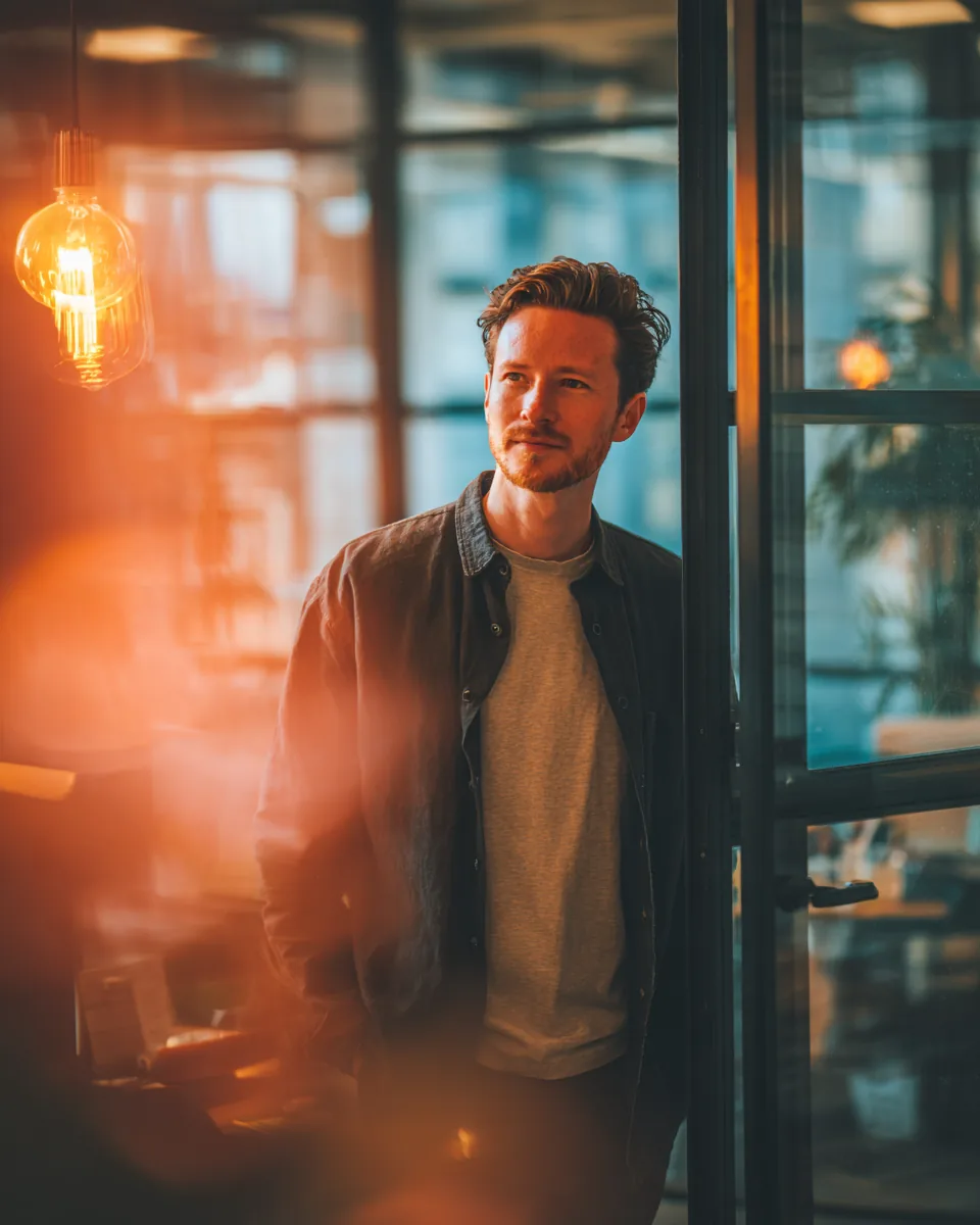 A man opening a clear glass office door into a bright workspace, reflecting NuvaLoan's open approach to disclosure