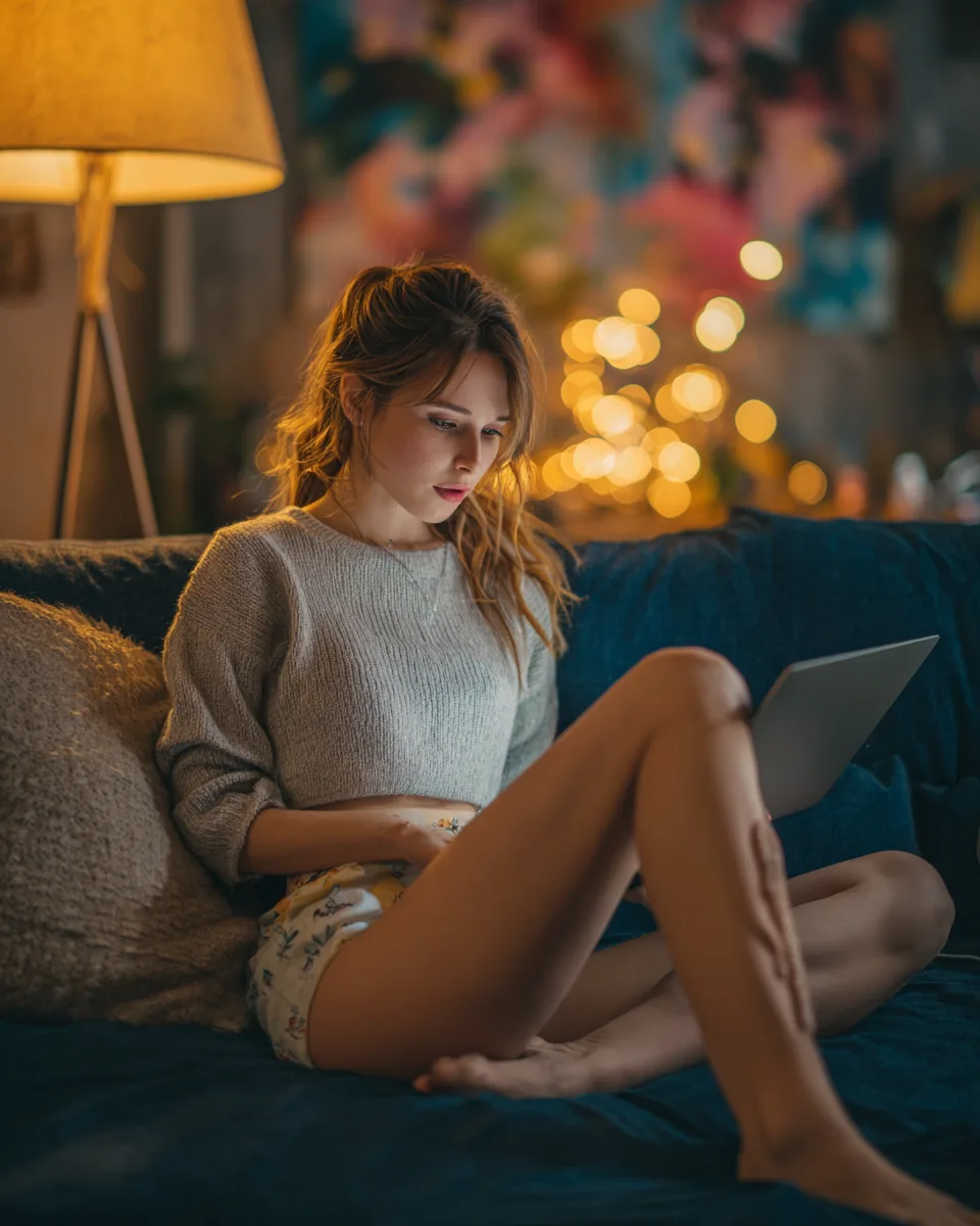 Young woman relaxing on a couch starting an online personal loan request form on a laptop