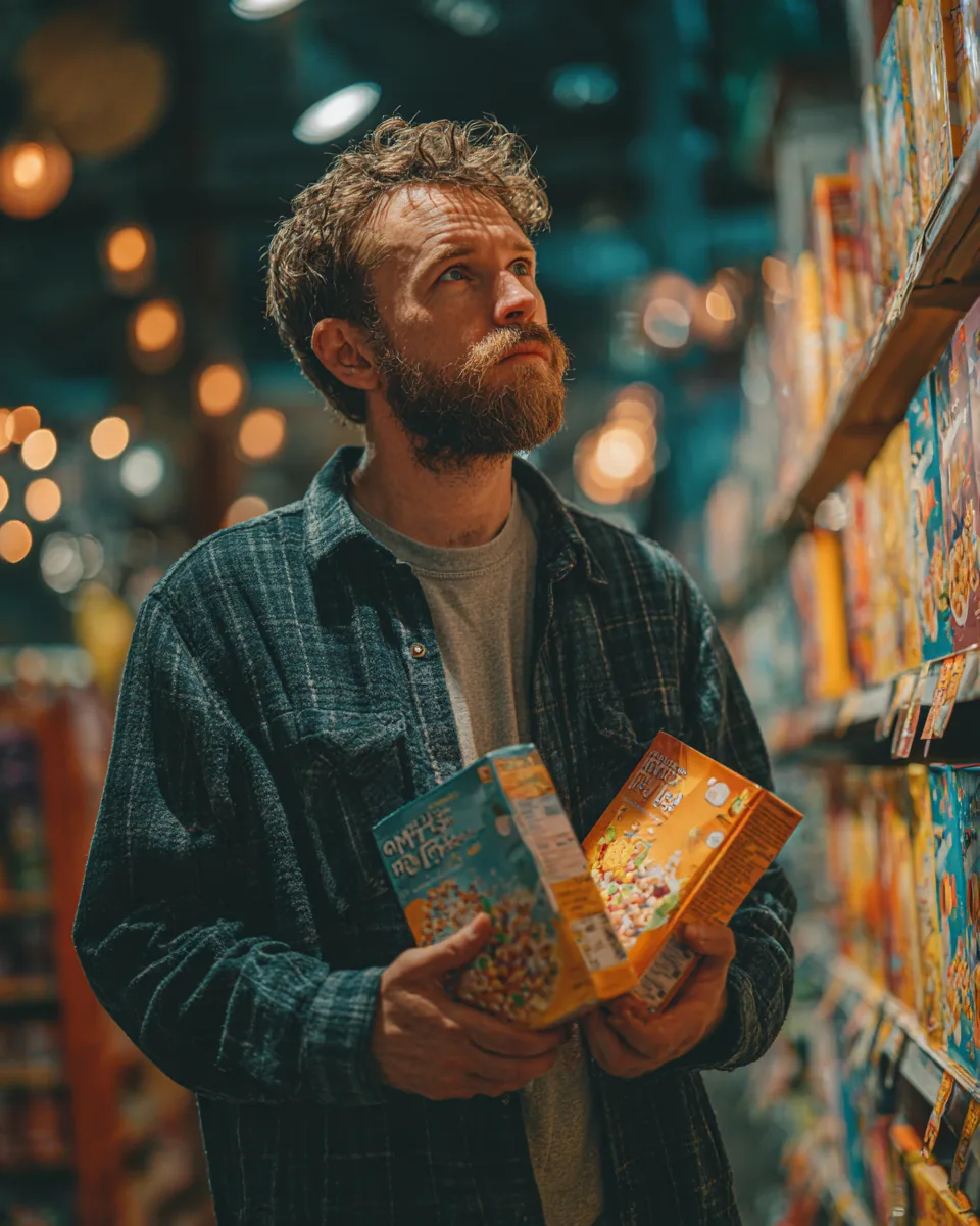 Man in a grocery aisle holding two cereal boxes side by side, the way you might weigh two personal loan offers