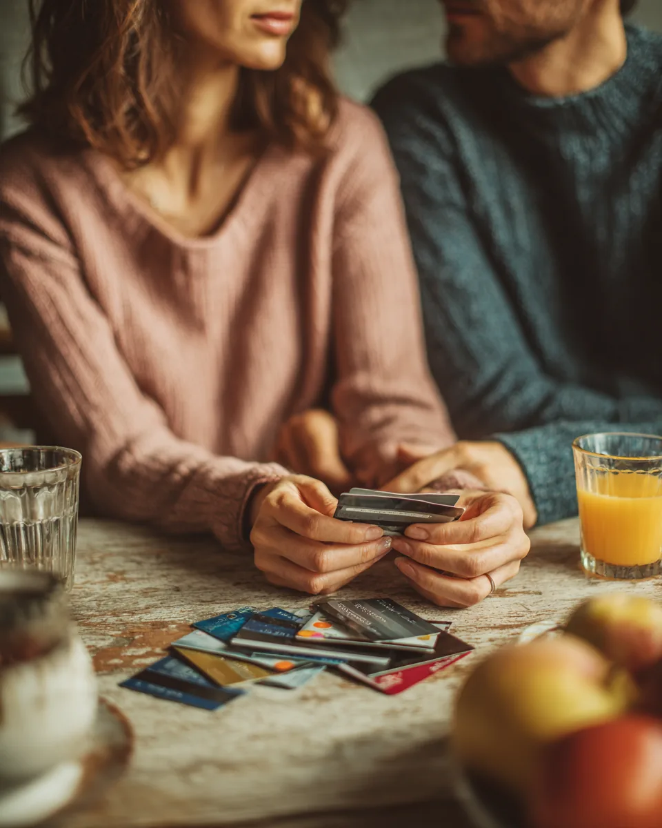 A couple's hands gathering scattered credit cards into one neat pile on a kitchen table while planning a debt consolidation personal loan