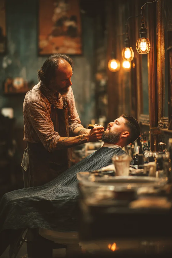 Barber carefully trimming a client's beard at his shop chair