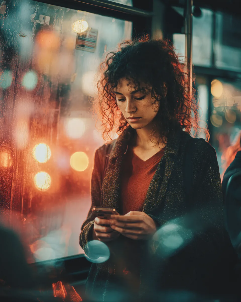 Over-the-shoulder view of a commuter on a city bus tapping through personal loan request steps on a phone
