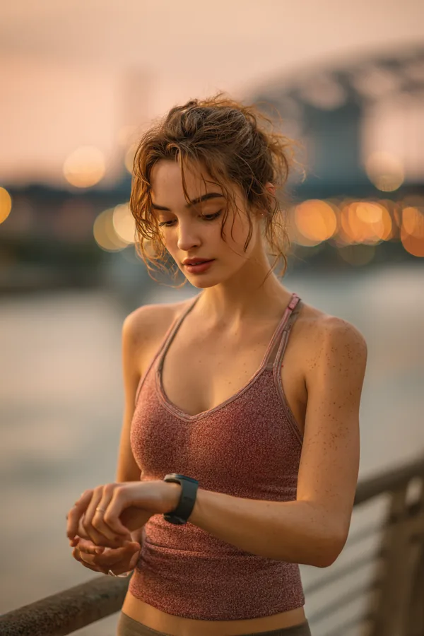 A woman setting a reminder on her smartwatch while jogging