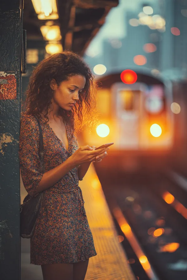A commuter reading her phone on a subway platform while checking an installment payment