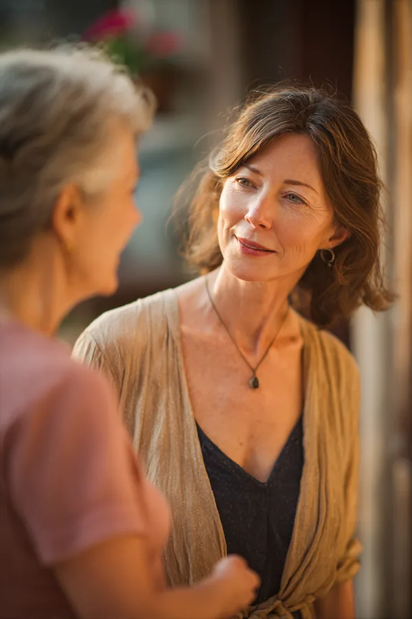 Grandmother explaining something to her adult granddaughter on a porch