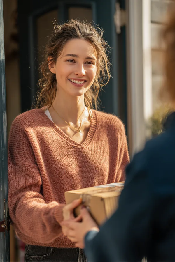 Delivery driver handing a package to a smiling resident at a front door