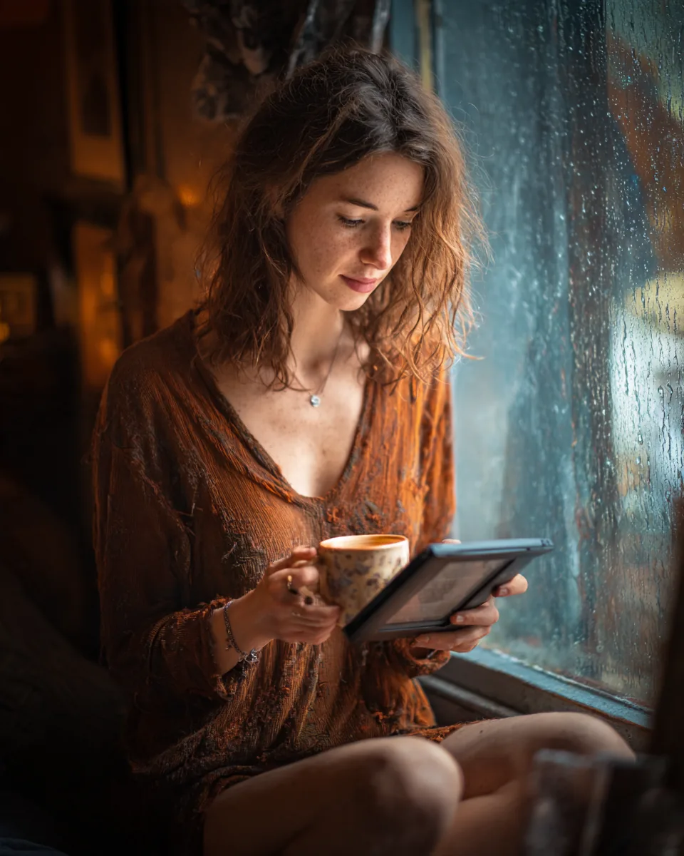 Woman reading a personal loan guide on an e-reader in a cozy window nook with a cup of tea