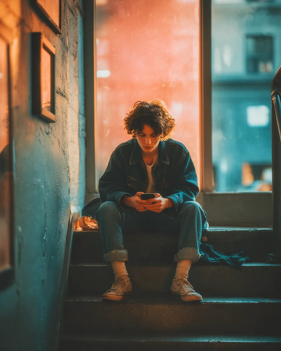 Young man sitting on an apartment stairwell reviewing a budgeting app on his phone before requesting a personal loan