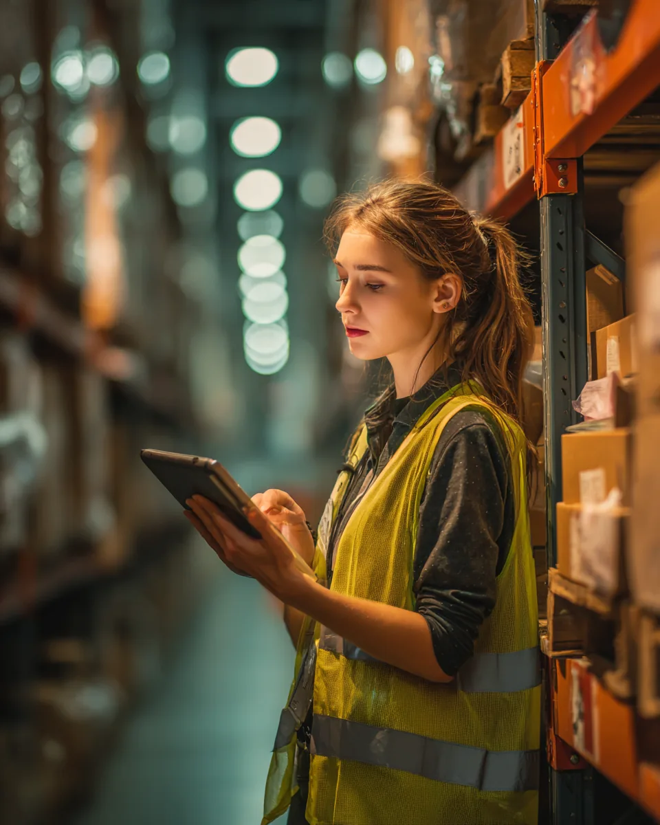 A warehouse team lead in a high-visibility vest checking a tablet between shelving aisles, reviewing personal loan eligibility details
