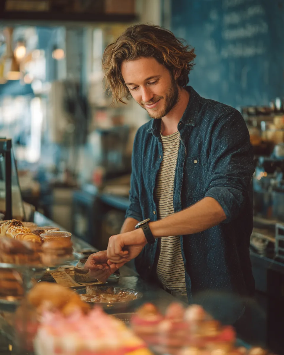 Man waiting at a neighborhood bakery counter checking his wristwatch while his personal loan deposit is pending