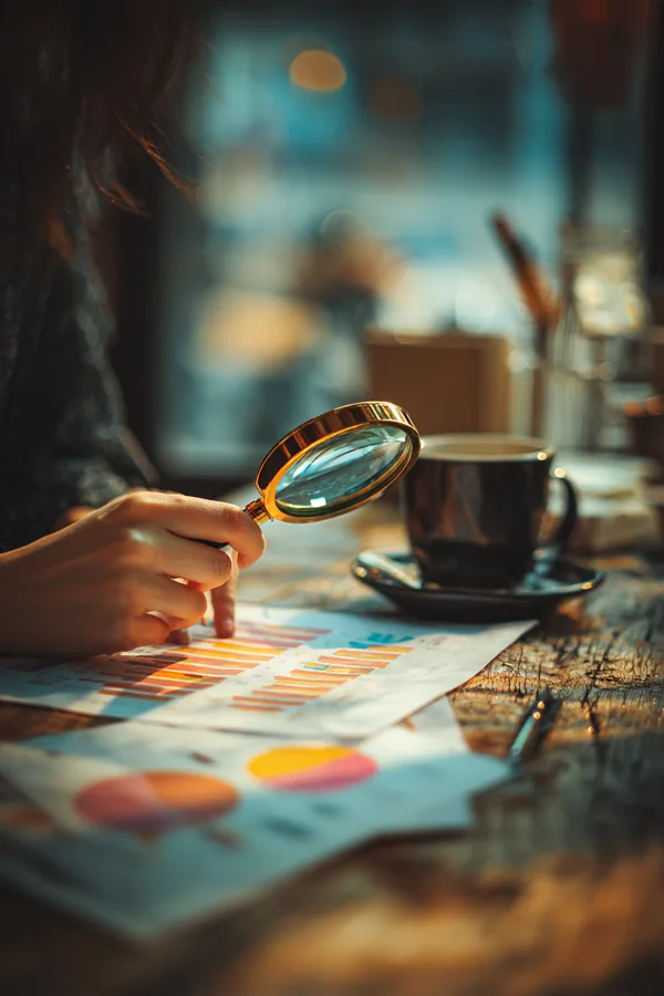 Hands holding a magnifying glass over a printed rate chart on a desk