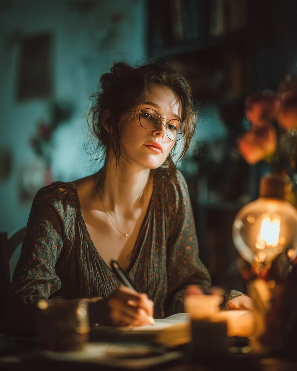 A woman drawing a linen curtain in a cozy home office at dusk, a quiet reminder of the privacy NuvaLoan aims to protect
